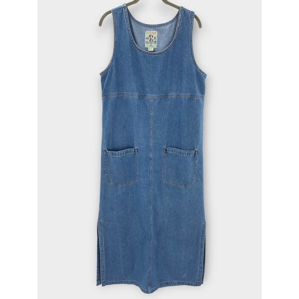 Vintage Studio Wear Denim Jumper Dress M 90s Midi Pockets Grunge Lagenlook